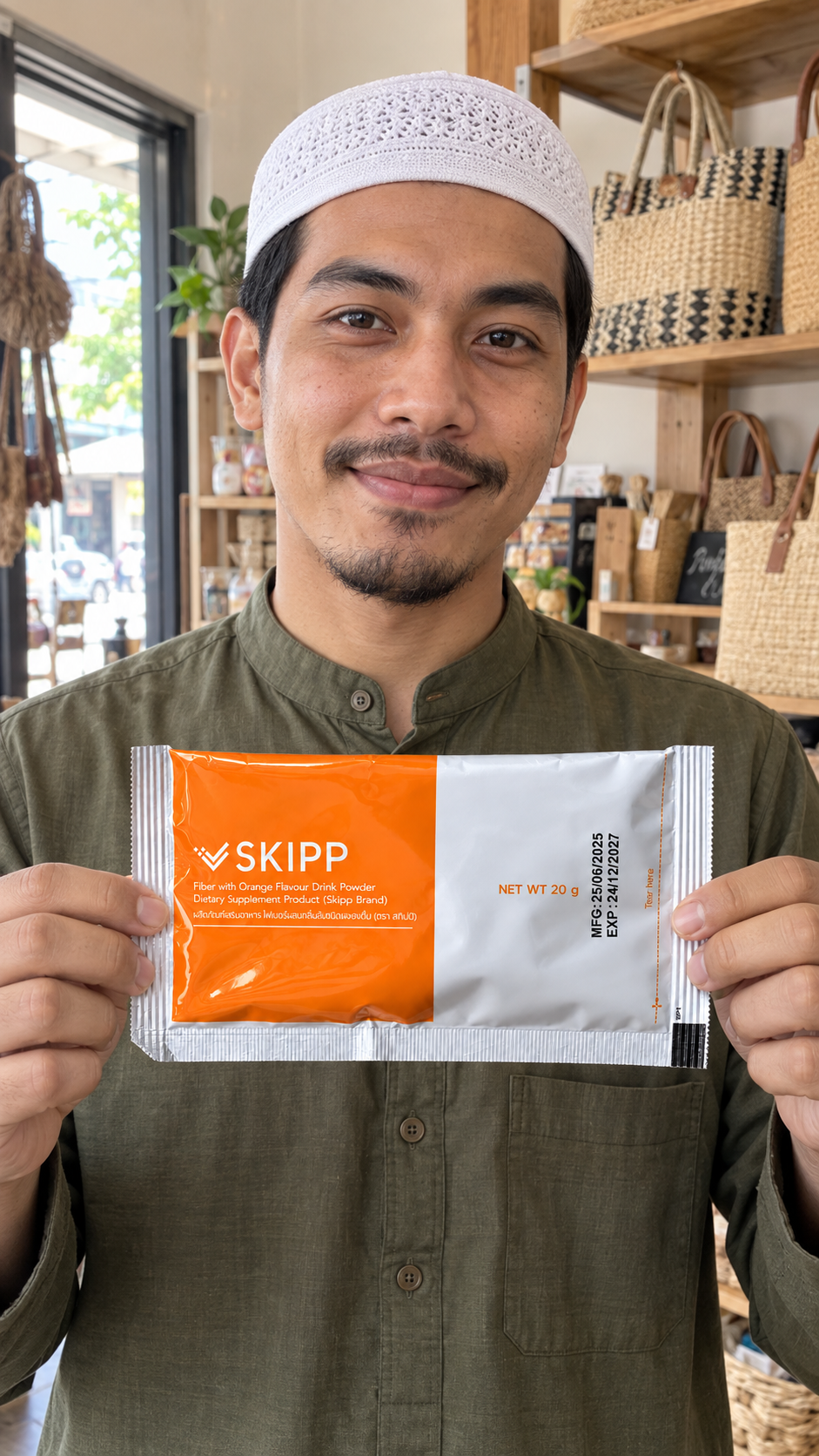 ตัวละครมุสลิมสมมติที่สร้างด้วย AI ถือซอง SKIPP Fiber