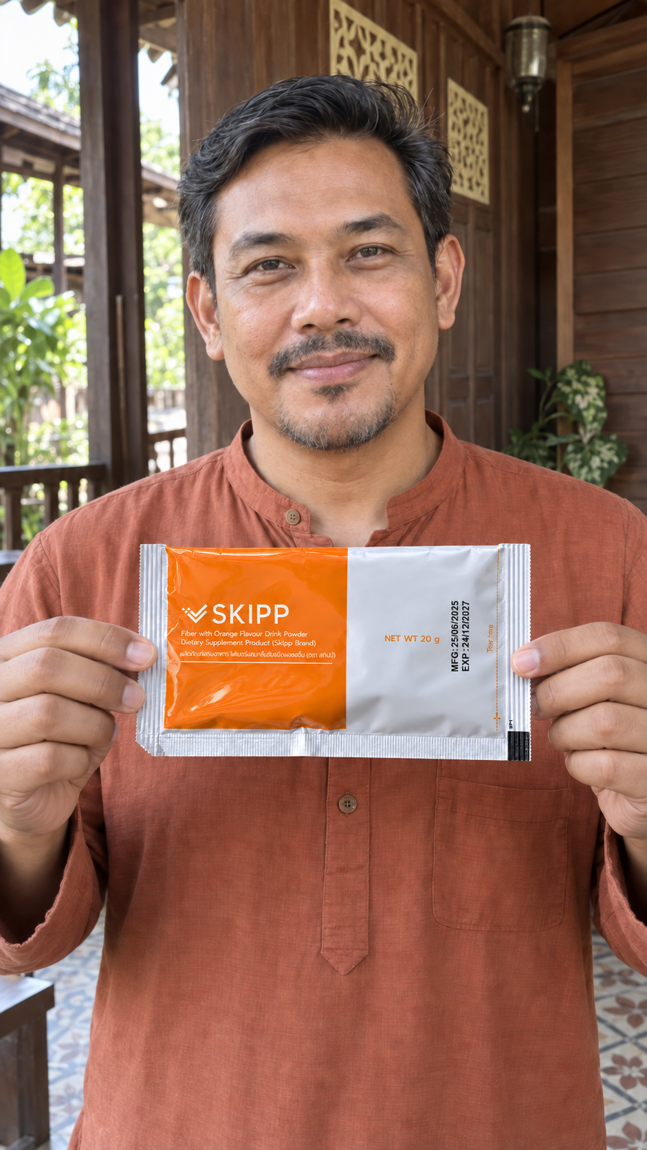 ตัวละครมุสลิมสมมติที่สร้างด้วย AI ถือซอง SKIPP Fiber