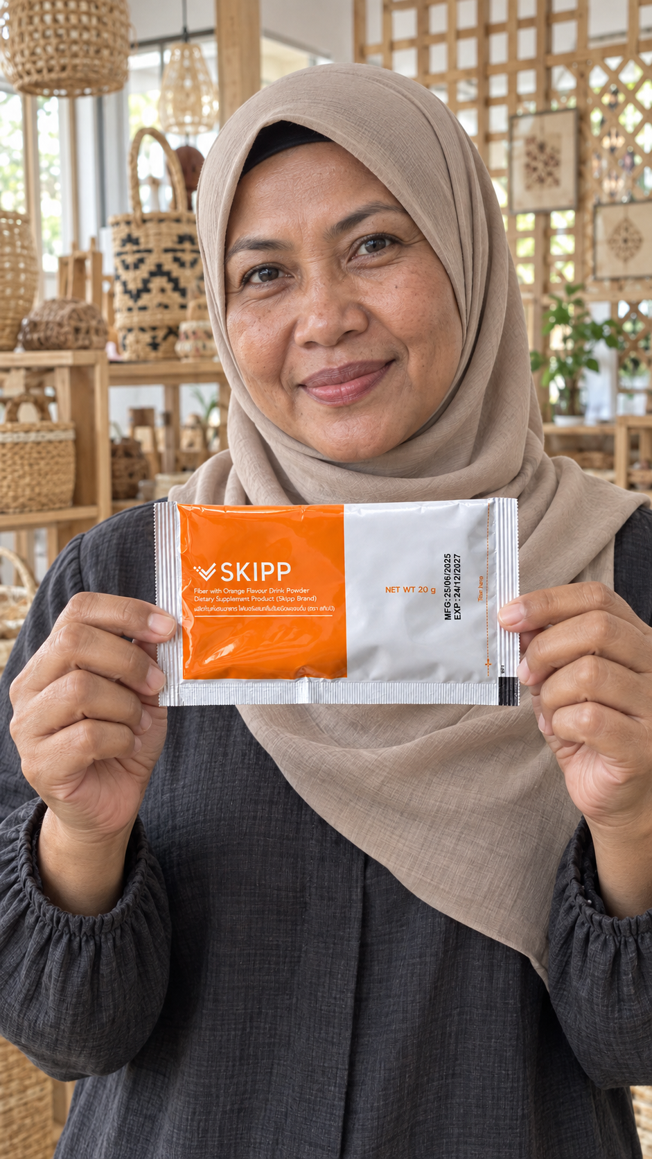 ตัวละครมุสลิมสมมติที่สร้างด้วย AI ถือซอง SKIPP Fiber