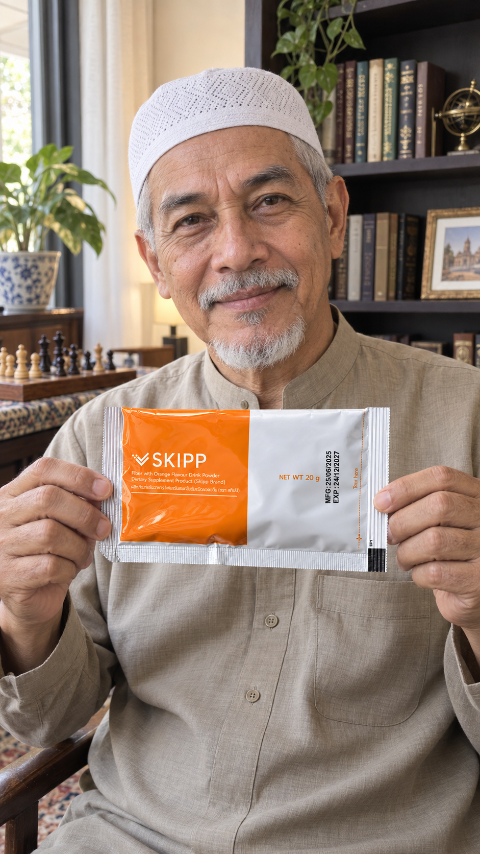 ตัวละครมุสลิมสมมติที่สร้างด้วย AI ถือซอง SKIPP Fiber