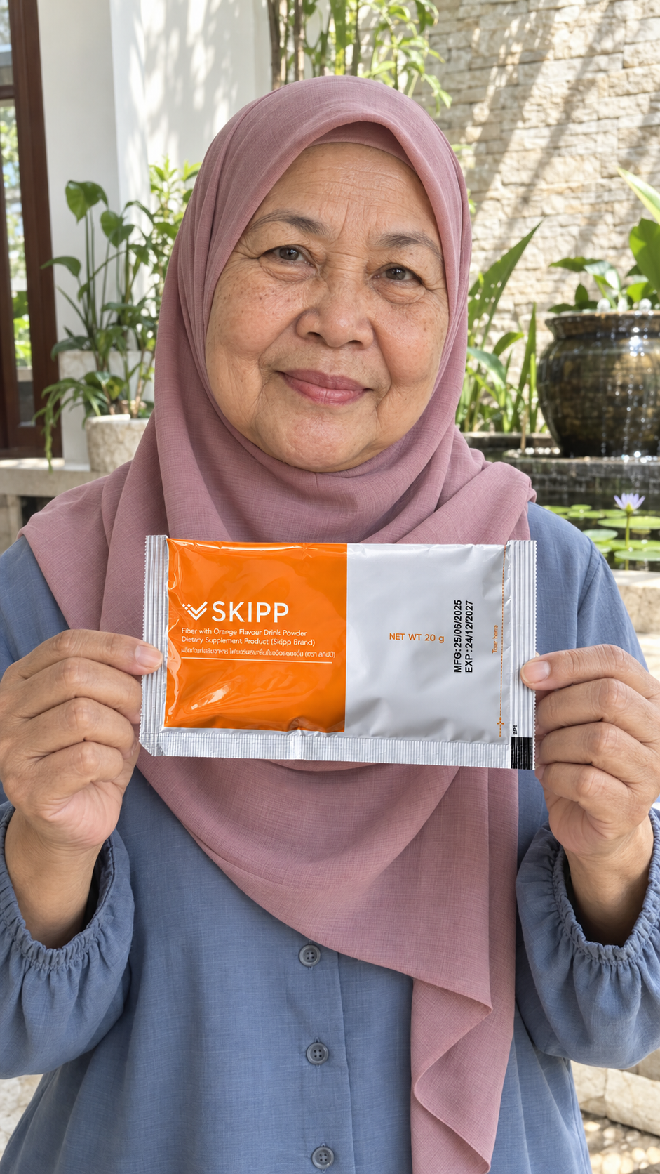 ตัวละครมุสลิมสมมติที่สร้างด้วย AI ถือซอง SKIPP Fiber