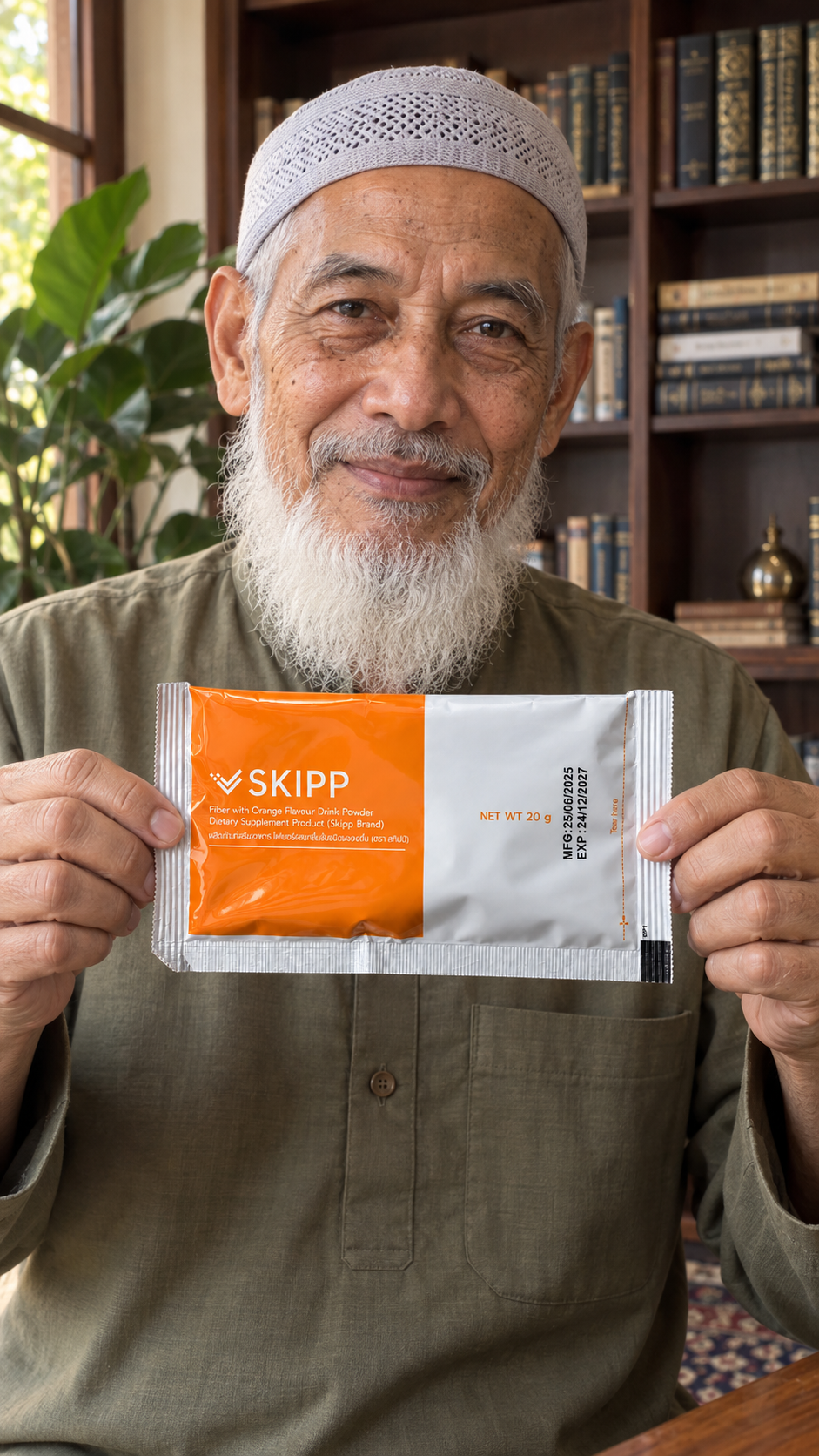 ตัวละครมุสลิมสมมติที่สร้างด้วย AI ถือซอง SKIPP Fiber